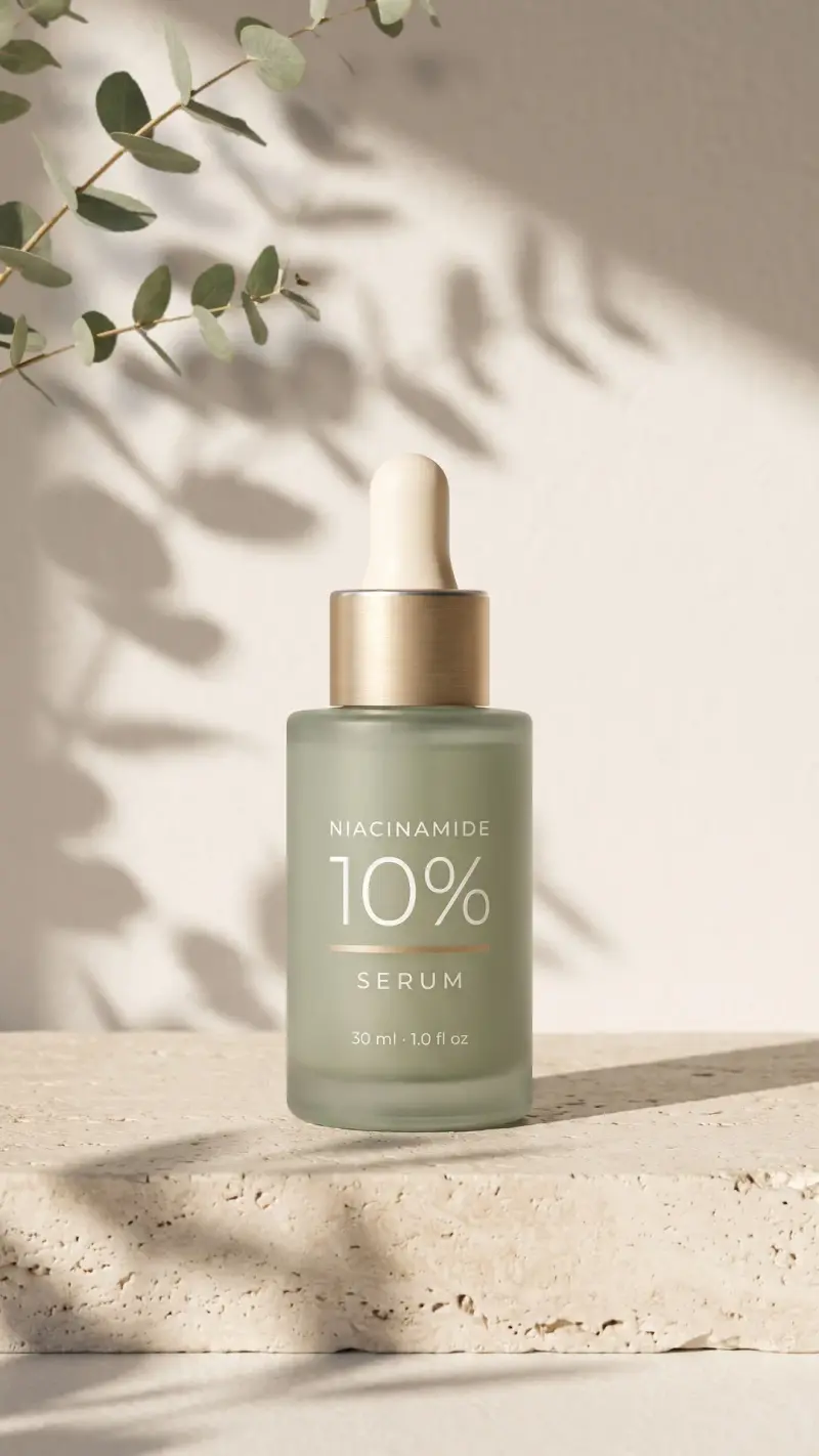 The same serum on a travertine slab under leaf shadows, composed for a 9:16 story and reel