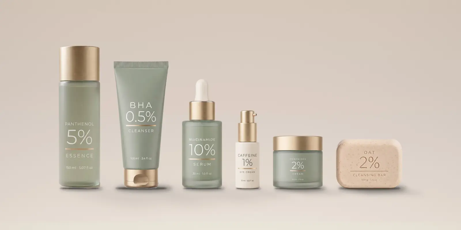 All six products of the line standing side by side on one ground, at their true sizes relative to each other