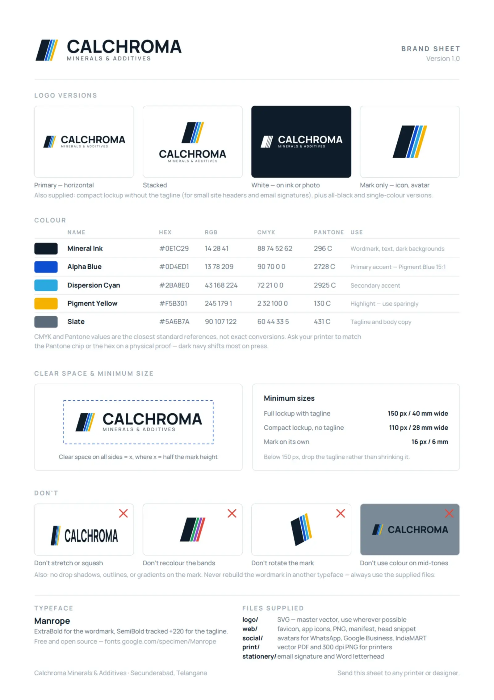The Calchroma Minerals & Additives brand sheet, a single page carrying the logo versions, colour table, clear space rule, minimum sizes and misuse rules