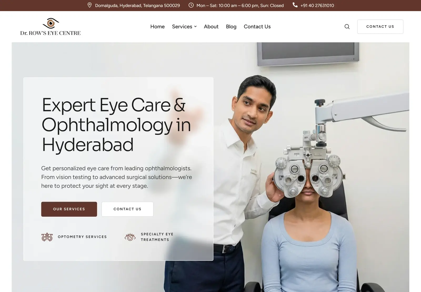 The Dr Row's Eye Centre homepage, built by Wire Edge Digital