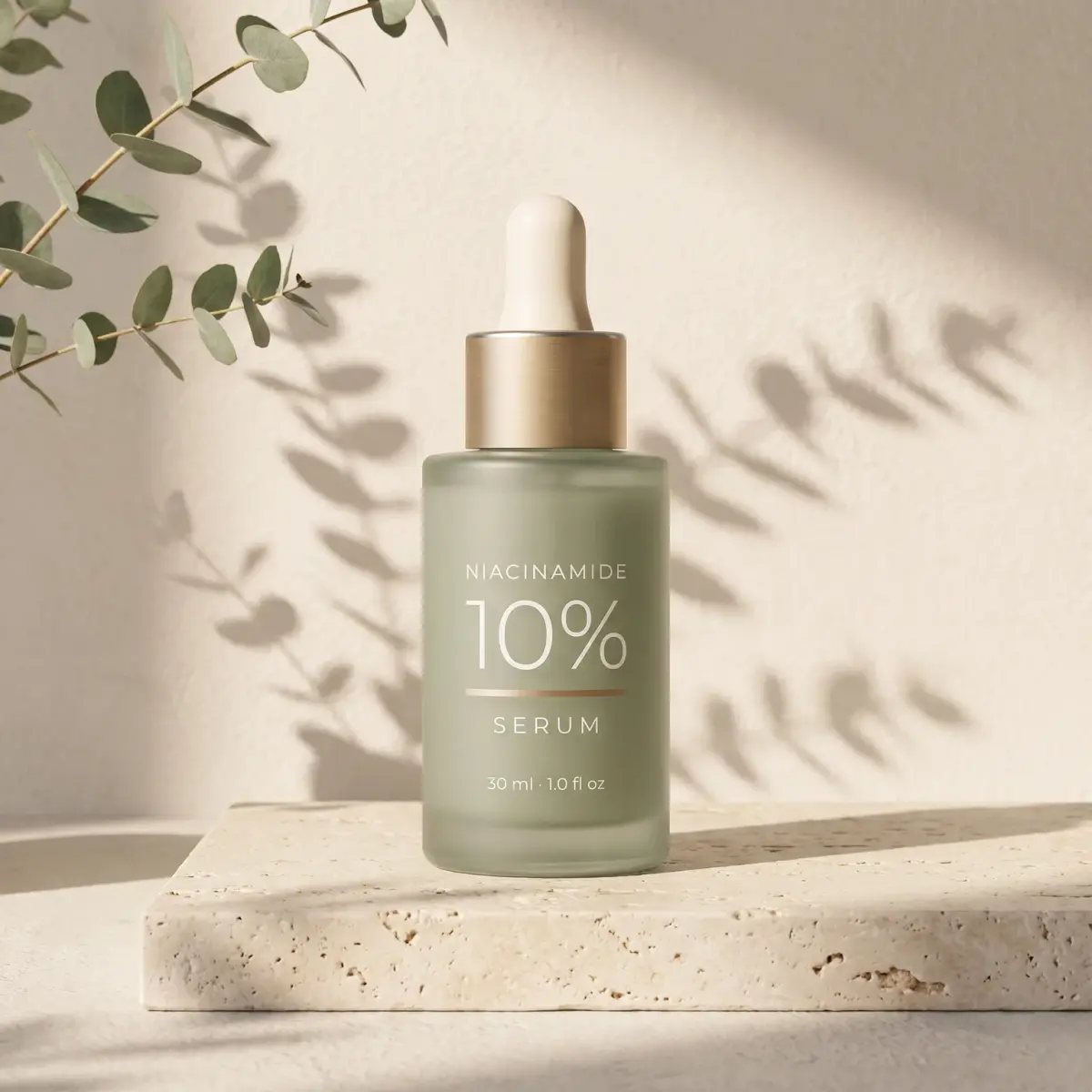 The same serum on a travertine slab under leaf shadows, composed for a 1:1 marketplace listing
